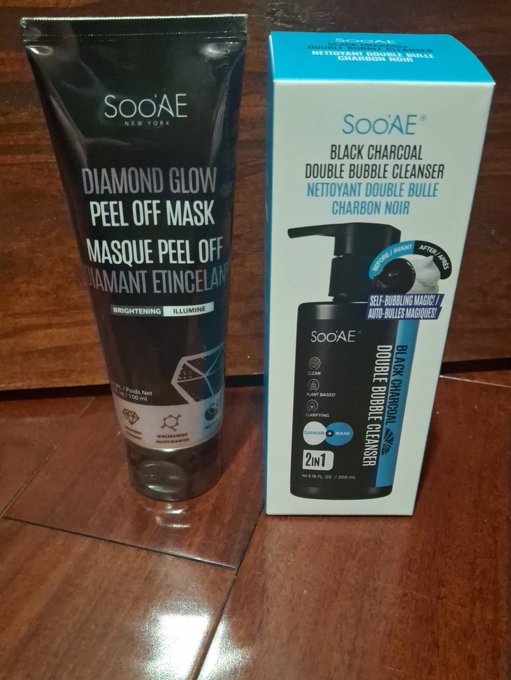 Black Charcoal Double Bubble Cleanser & Diamond Glow Peel-Off Mask - Black New